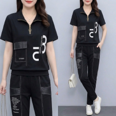 批发实拍夏季新款时尚女装立领半拉连字母简约大气<b class='q'>套装</b>