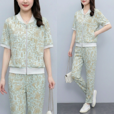 批发实拍2026夏季新款<b class='q'>大码</b>女装运动套装休闲短袖拉链<b class='q'>开衫</b>两件套长裤