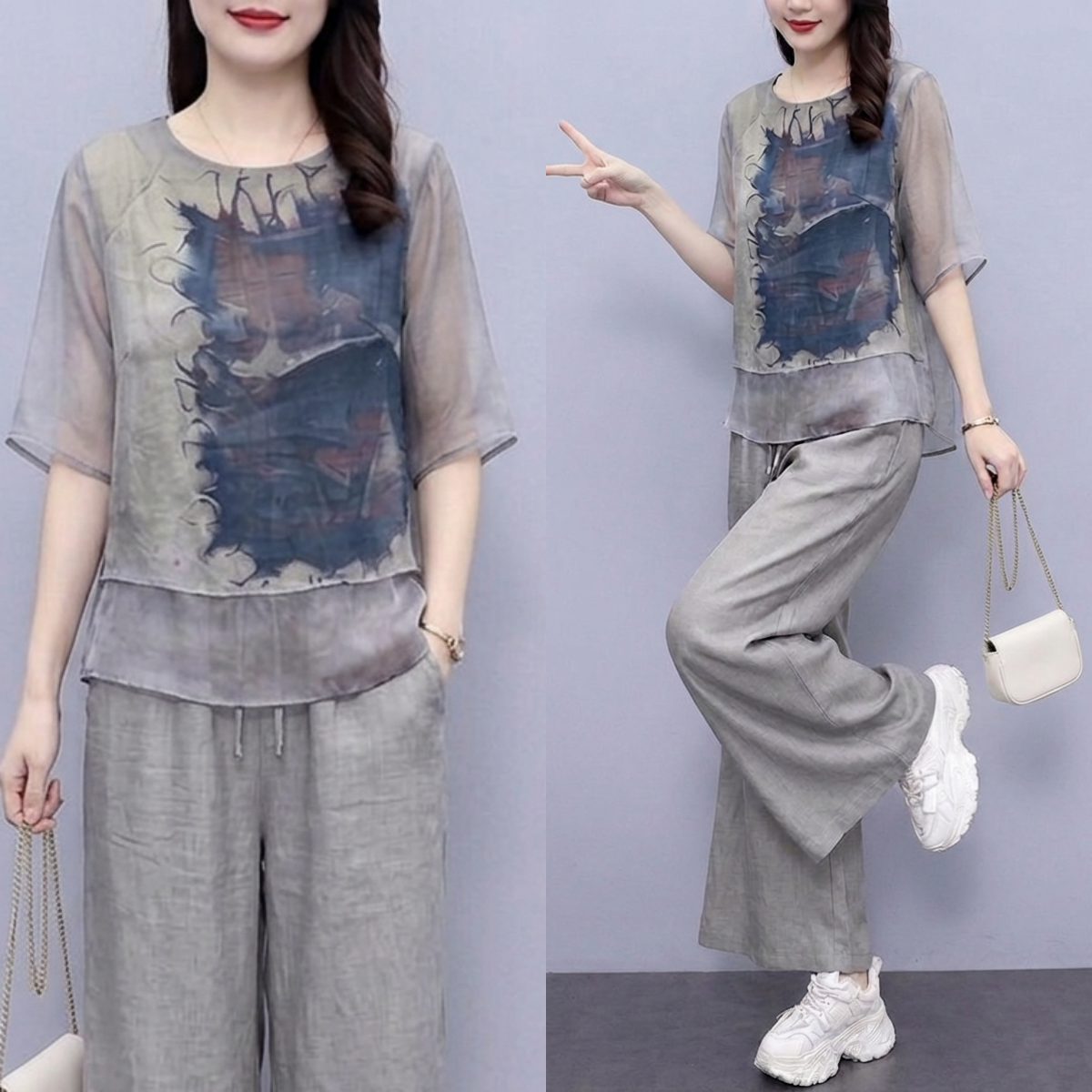 RY3792# 实拍文艺国风上衣+印花裤子套装