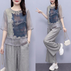 实拍文艺国风上衣+印花裤子套装