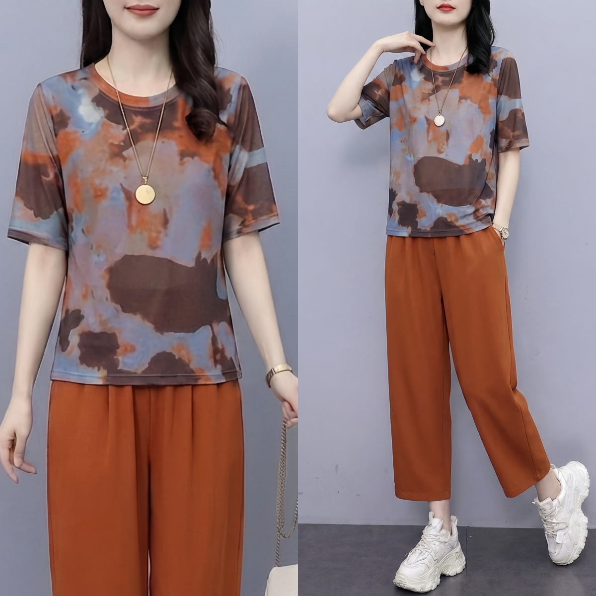 RY3791# 实拍简约艺术撞色网纱透气上衣+松紧腰舒适裤子套装