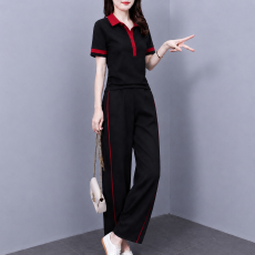 批发实拍简约艺术洋气polo领T恤+半松紧腰显瘦休闲<b class='q'>裤</b><b class='q'>套装</b>