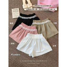 批发新款i甜美风蕾丝拼接休闲裤短裤女<b class='q'>夏</b>季小众减龄松紧腰阔腿热裤