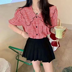 新款法式格子衬衫夏季短袖设计感小众衬衣娃娃短款泡泡上衣