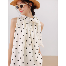 批发波点蝴蝶结系带挂脖无袖背心女夏季气质宽松显瘦衬衫上衣