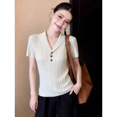 批发<b class='q'>韩版</b>简约米杏色上衣2026夏季女装新款V领半纽扣气质百搭套头短袖