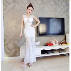 批发实拍<b class='q'>夜店</b><b class='q'>性感</b>吊帶低胸透視時尚長款蕾絲连衣裙
