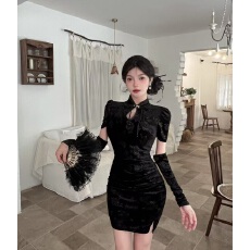 批发实拍改良旗袍金丝绒短款包臀打底紧身<b class='q'>连衣裙</b> 配袖套