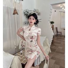 批发实拍弹力改良旗袍包臀<b class='q'>露背</b>短款打底金丝绒印花<b class='q'>连衣裙</b>