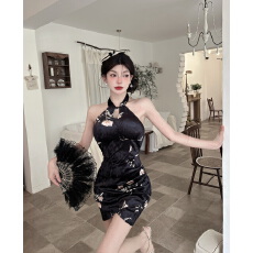 批发实拍弹力改良旗袍包臀<b class='q'>露背</b>短款打底金丝绒印花<b class='q'>连衣裙</b>