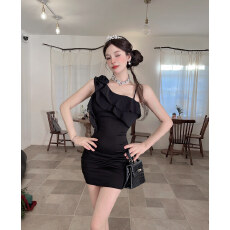 批发实拍低胸荷叶边<b class='q'>短袖</b>包臀吊带单肩打底<b class='q'>连衣裙</b>