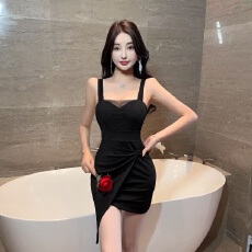 批发实拍低胸扬沙拼接紧身包臀不规则打底<b class='q'>连衣裙</b>