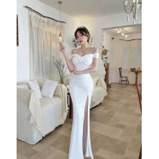 批发实拍低胸长款吊带高开衩礼服连衣裙