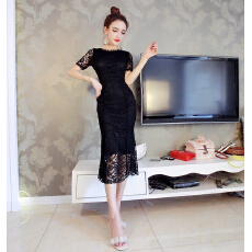 批发实拍修身收腰显瘦鱼尾摆蕾丝包臀连衣裙打底裙中<b class='q'>长裙</b>