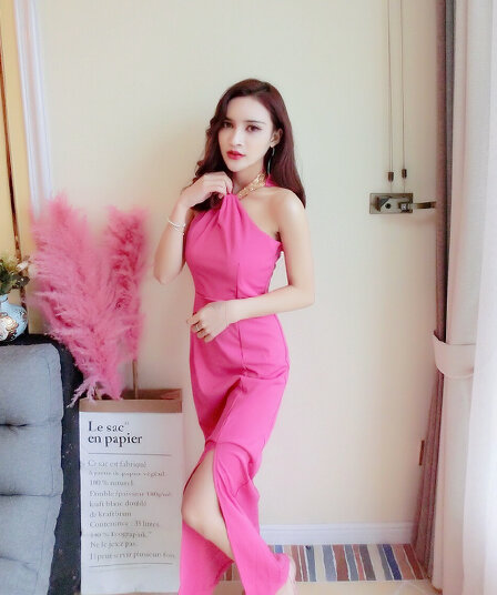 모델 실사 이브닝 드레스 롱 코트 행침 목 백리스 예복 연례 회의 몸매 가꾸기 트임 이브닝 드레스 작은 드레스 치마