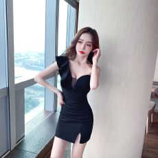 批发实拍v领<b class='q'>性感</b><b class='q'>夜店</b>修身显瘦斜肩荷叶边包臀连衣裙