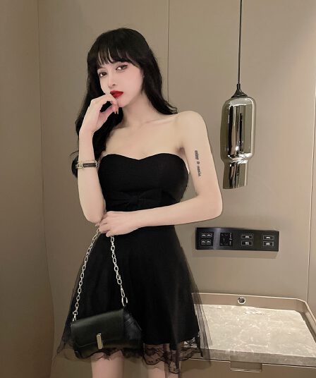 실사 섹시함 튜브탑 드레스 야간 필드 몸매 가꾸기 나비 매듭 포장 가슴 퍼프 스커트 신부 들러리 작은 드레스