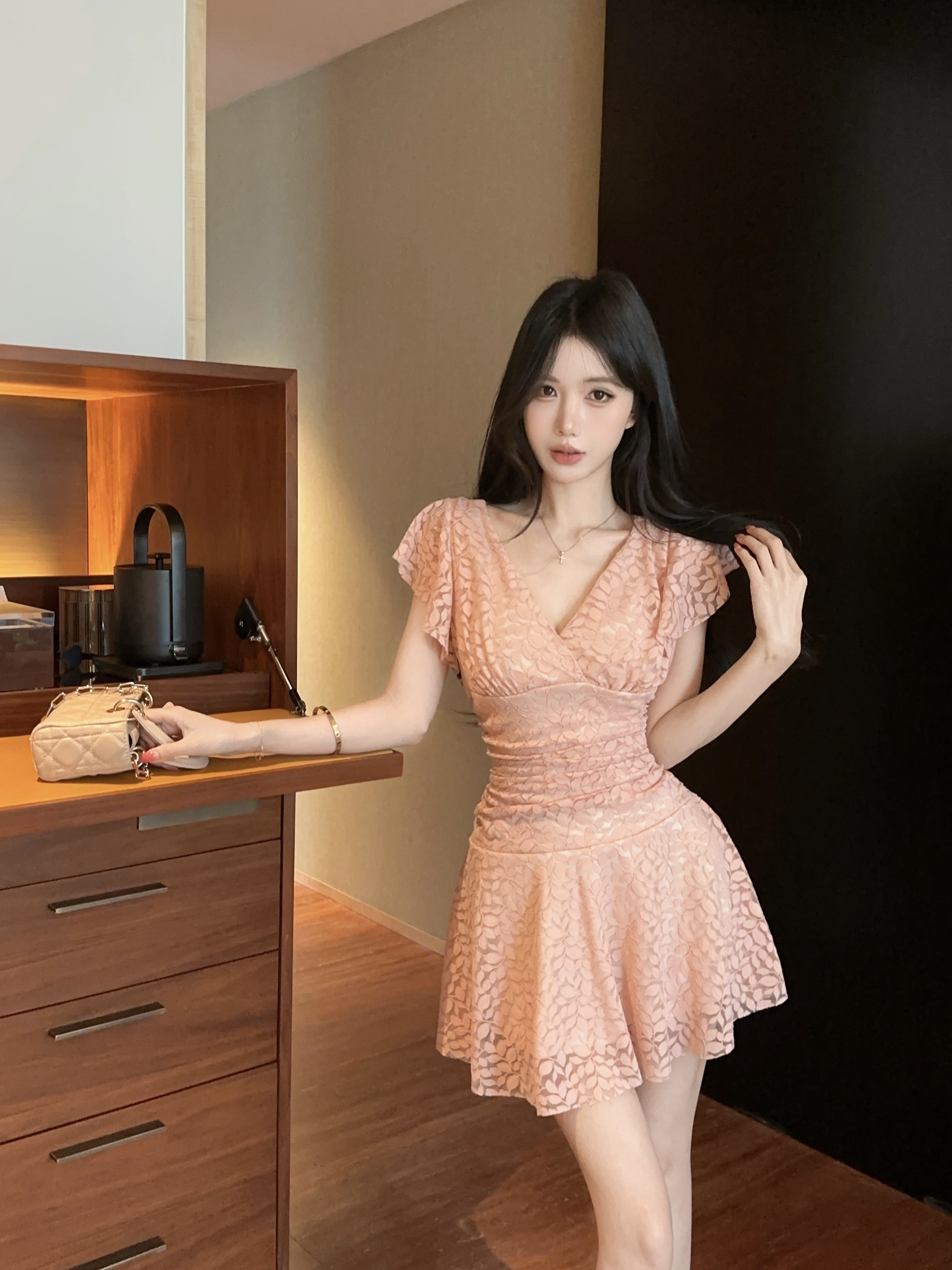 실사 섹시함 반팔 레이스 쇼트 스타일 드레스 복장