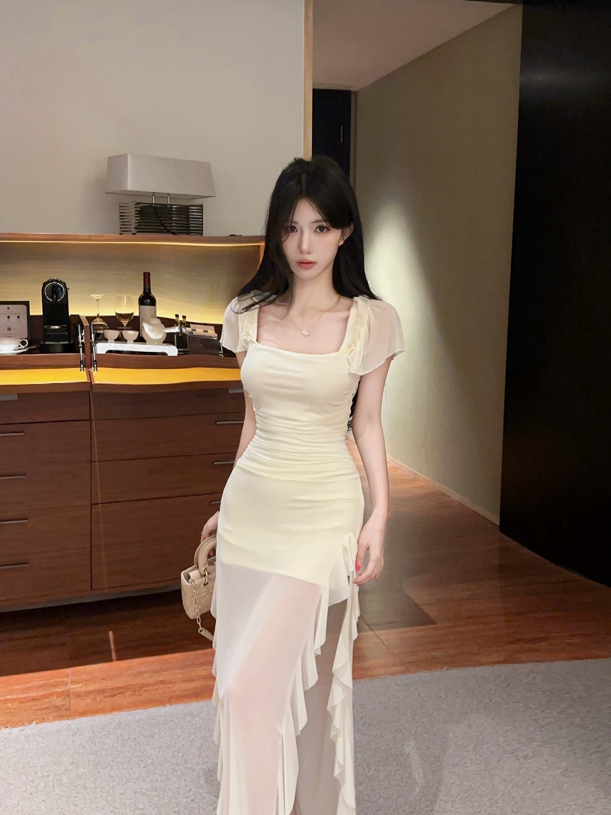 실사 섹시함 망사 롱 코트 반팔 드레스