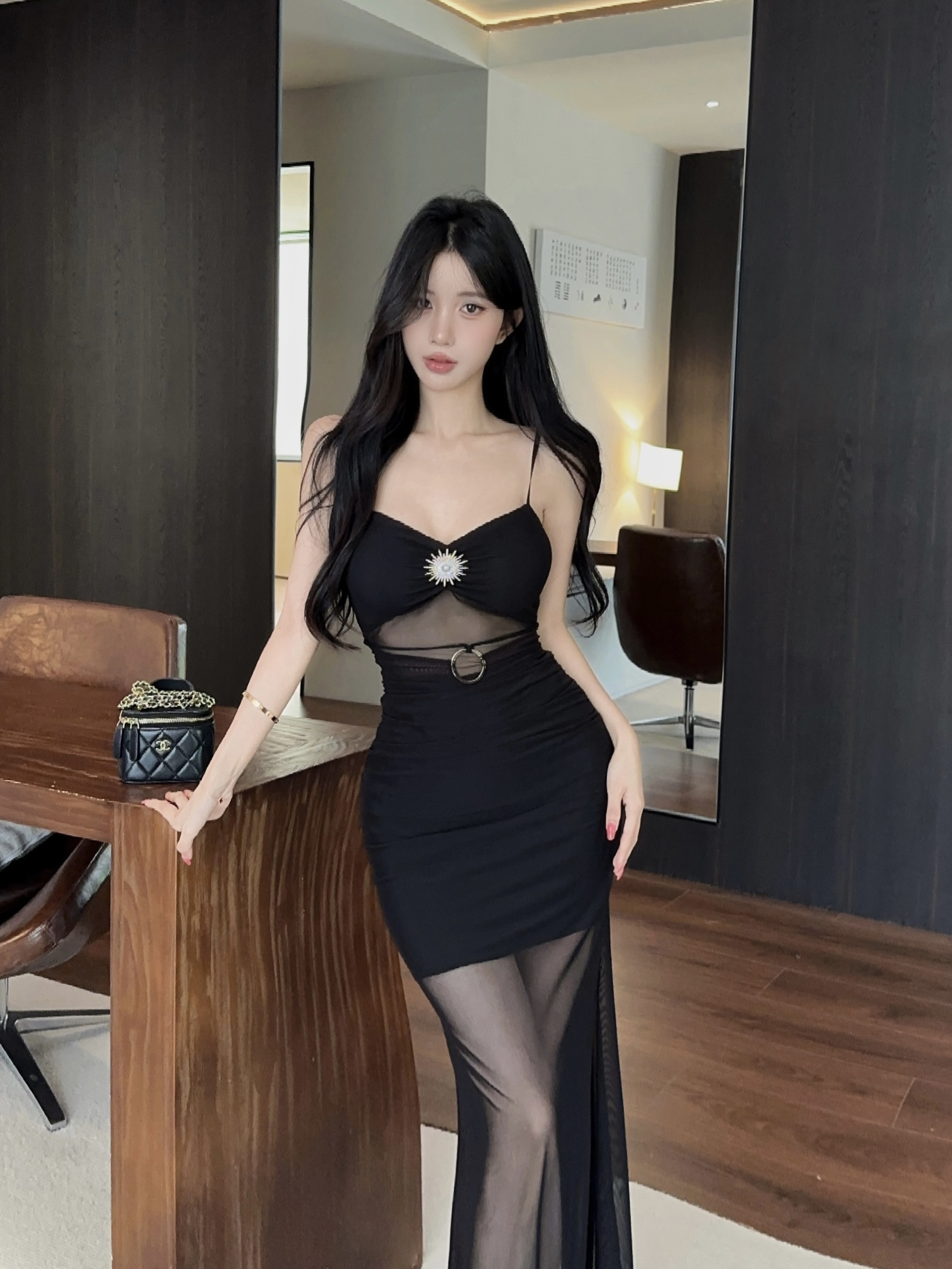 실사 섹시함 망사 롱 코트 슬립 드레스