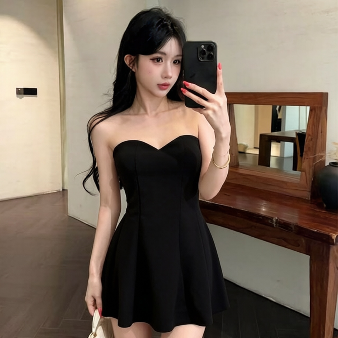실사 섹시함 튜브탑 허리 수축 큰 진자 검정색 드레스