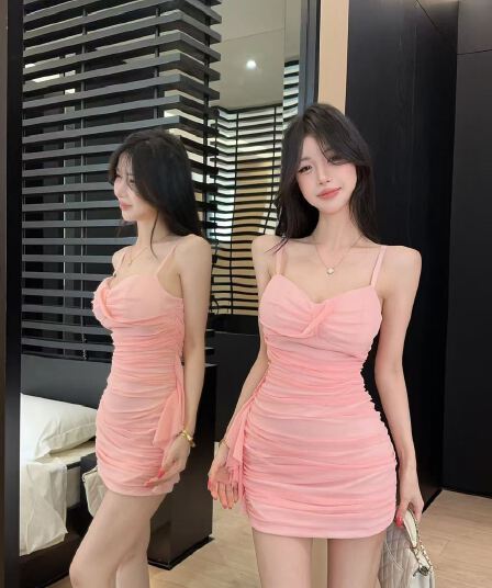 실사 섹시함 낮은 가슴 쇼트 스타일 망사 슬립 드레스