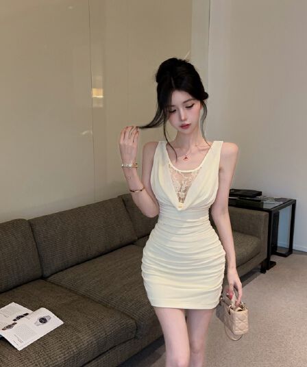 실사 섹시함 순수한 욕망 핫걸 망사 패치워크 주름 장식 슬림해 보이는 드레스