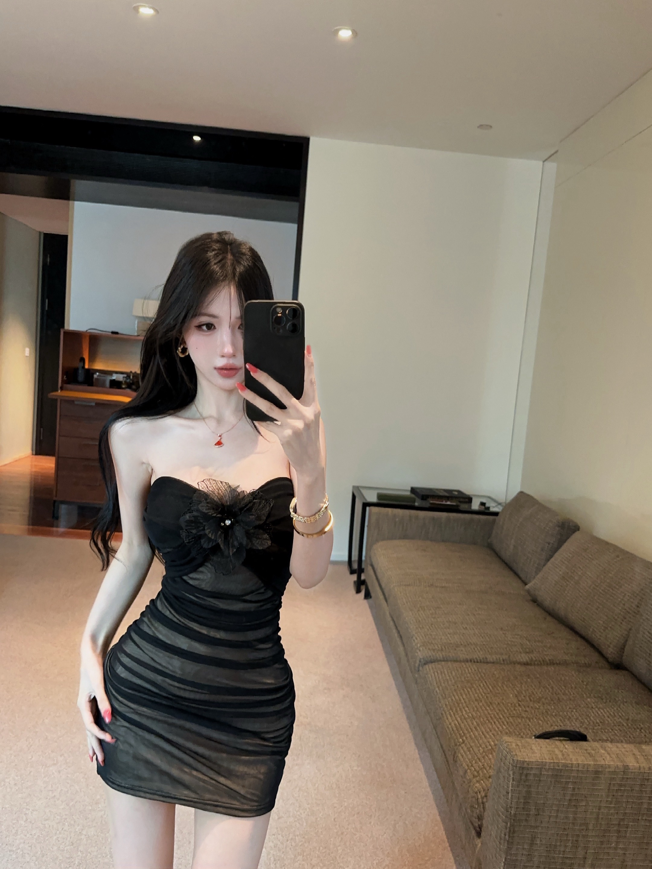 실사 망사 튜브탑 쇼트 스타일 꽃 패치워크 드레스