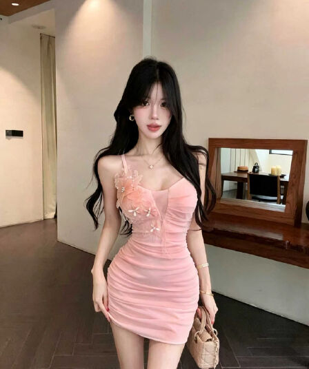 실사 꽃 패치워크 쇼트 스타일 망사 슬립 드레스