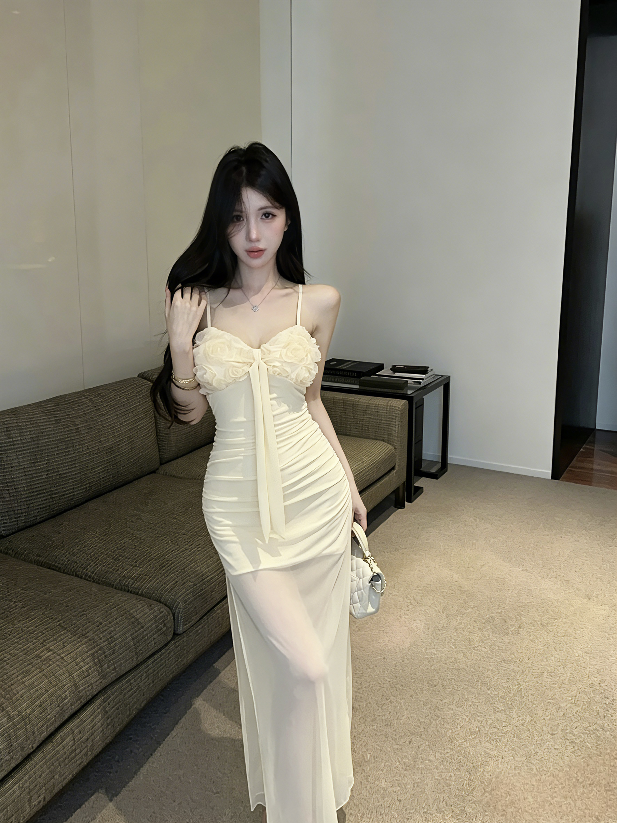 실사 롱 코트 망사 타이트 스커트 슬립 드레스