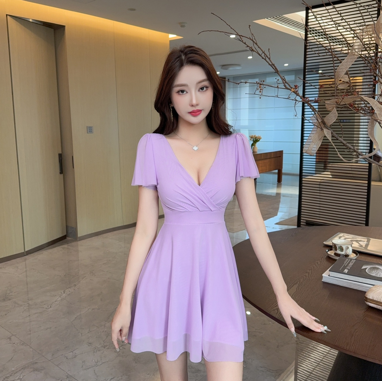 실사 반팔 망사 허리 수축 큰 진자 쇼트 스타일 드레스