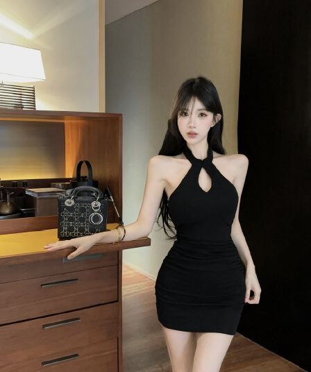 실사 쇼트 스타일 행침 목 백리스 쇼트 스타일 면 소재 드레스 복장