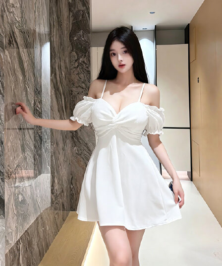 실사 섹시함 낮은 네크라인 오프숄더 반팔 큰 진자 허리 수축 드레스