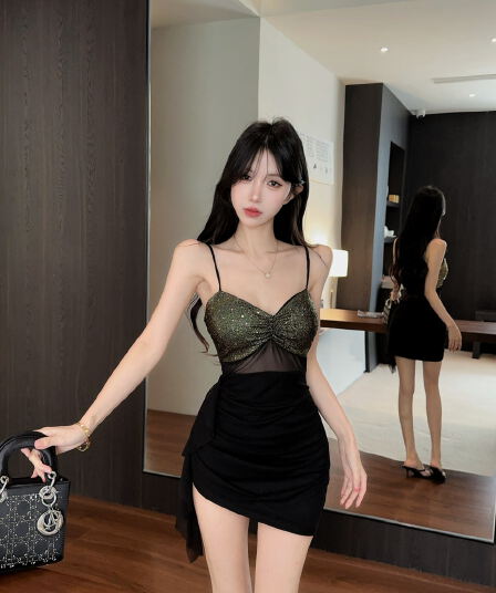 실사 망사 패치워크 배색 술 만나는 쇼트 스타일 슬립 드레스