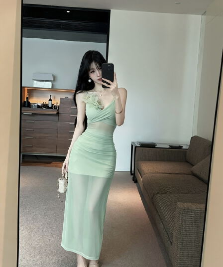 실사 롱 코트 슬립 꽃 패치워크 망사 드레스