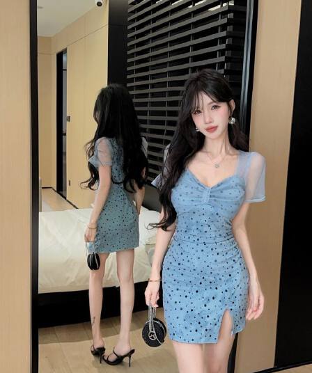 실사 도트 무늬 망사 반팔 드레스 복장
