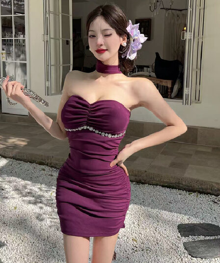 실사 순수한 욕망 핫걸 튜브탑 행침 목 미니 스커트 몸매 가꾸기 슬림해 보이는 허리 수축 타이트 스커트 미니 스커트 못 훈련 드레스