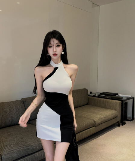 실사 면 소재 배색 드레스