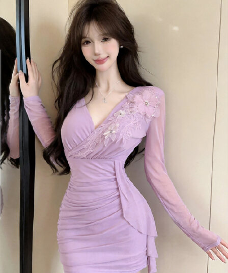 실사 긴팔 망사 드레스