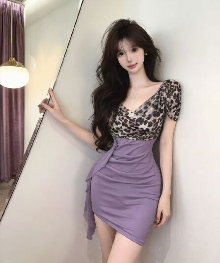 실사 망사 패치워크 레오파드 무늬 오프숄더 드레스