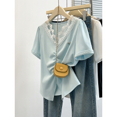 批发<b class='q'>实拍</b>2026夏装新款胖mm<b class='q'>大码</b>女韩系蝴蝶结蕾丝花边开叉短袖T恤