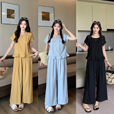 批发实拍2026夏装新款胖mm大码女<b class='q'>甜美</b>飞飞袖木耳边短袖阔腿裤套装