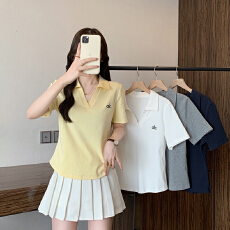 批发实拍2026夏<b class='q'>装</b>新款胖mm大码女设计感半开领刺绣字母短袖T恤