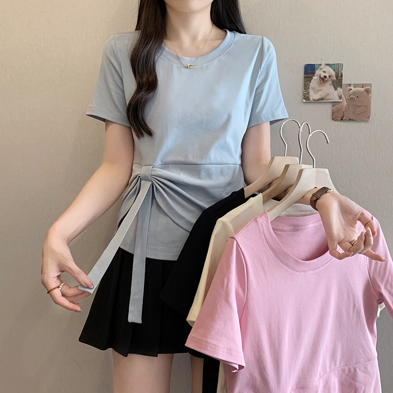 RY466# 实拍2025夏装新款胖mm大码女休闲设计感圆领拼接飘带短袖T恤