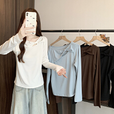 批发实拍2026<b class='q'>春</b>装新款胖mm大码女设计感蝴蝶结镂空显瘦长袖T恤