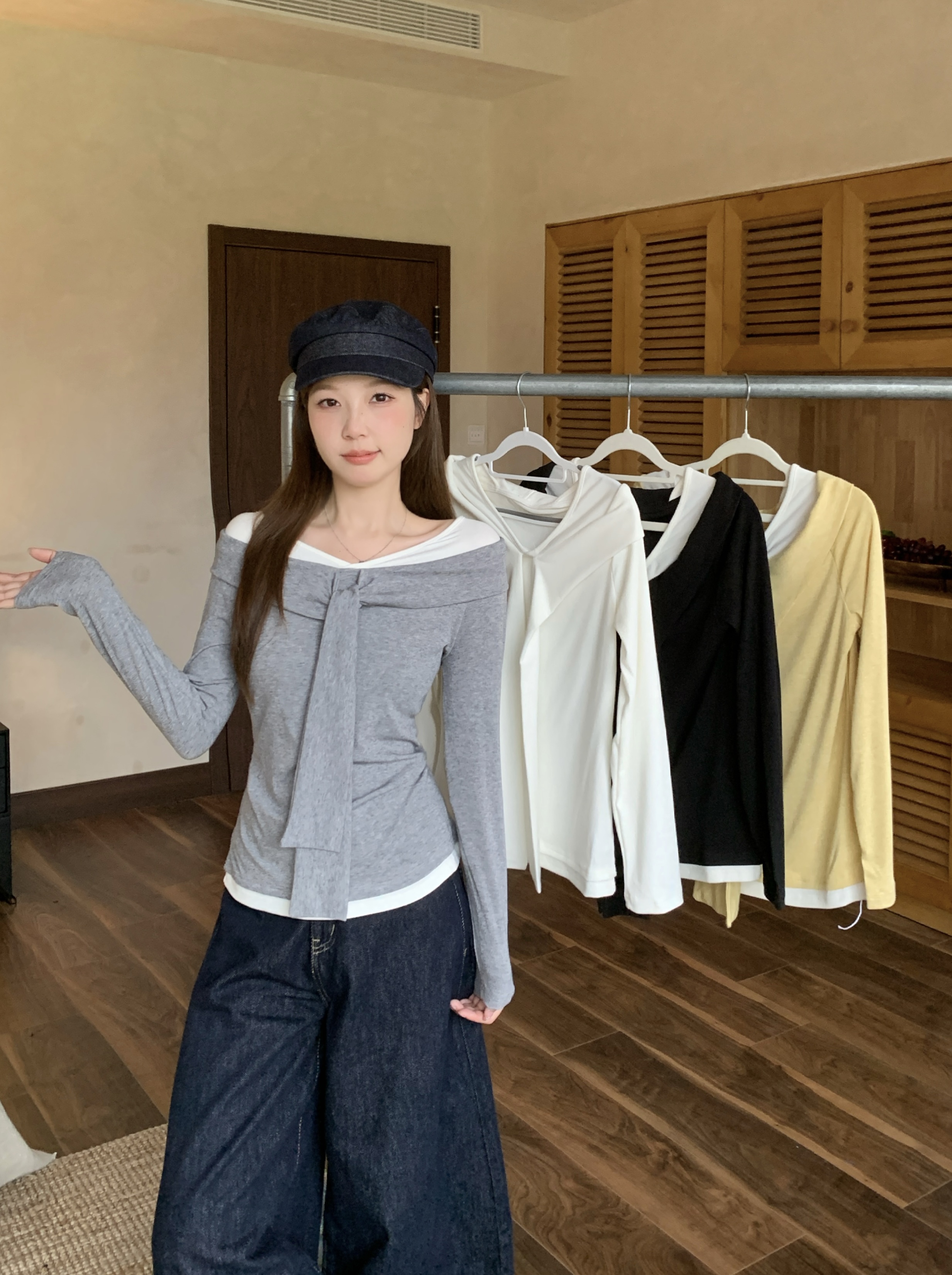 FA36860# 秋装新款胖mm大码女纯欲撞色一字肩高级感显瘦T恤 服裝批發女裝批發服飾貨源