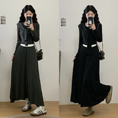 批发实拍2026<b class='q'>春</b>装新款胖mm大码女休闲撞色披肩长袖上衣半身裙套装