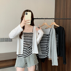 批发实拍2026<b class='q'>春</b>装新款胖mm大码女休闲吊带条纹背心开衫外套两件套