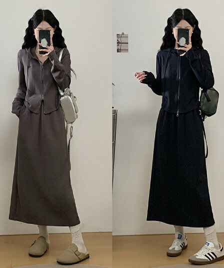 실사 2026 가을 의상 새로운 지방 mm 빅 사이즈 여성 레저 더블 지퍼 후드 맨위 반신 치마 세트