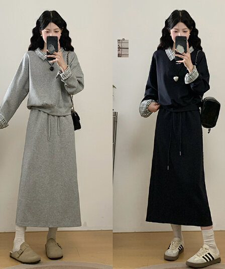 실사 2026 가을 의상 새로운 지방 mm 빅 사이즈 여성 한 부서 캐주얼 패치워크 풀오버 스웨트셔츠 반신 치마 세트